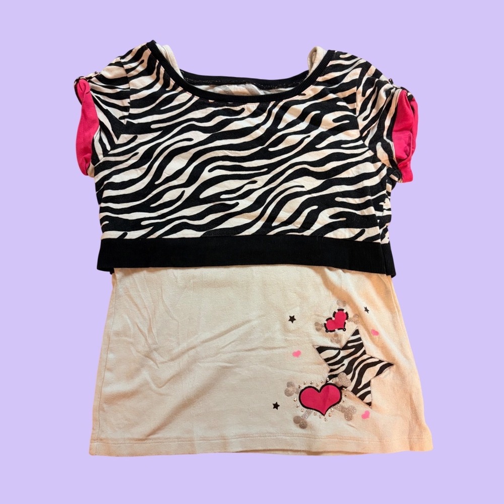 Y2K Justice Zebra Print Layered Graphic Top Hearts Stars Scene #17